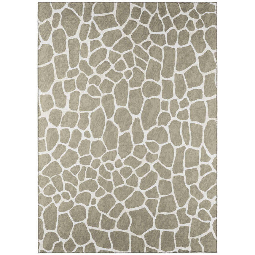 Close-up of the Dalyn Mali ML4 Stone Washable Area Rug. Chestnut and ivory giraffe print pattern. Machine-made polyester rug.