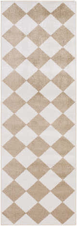 Close-up of the Ulric Brown Diamond Washable Area Rug, featuring a geometric diamond pattern in brown and off-white. Design-Runner-2773