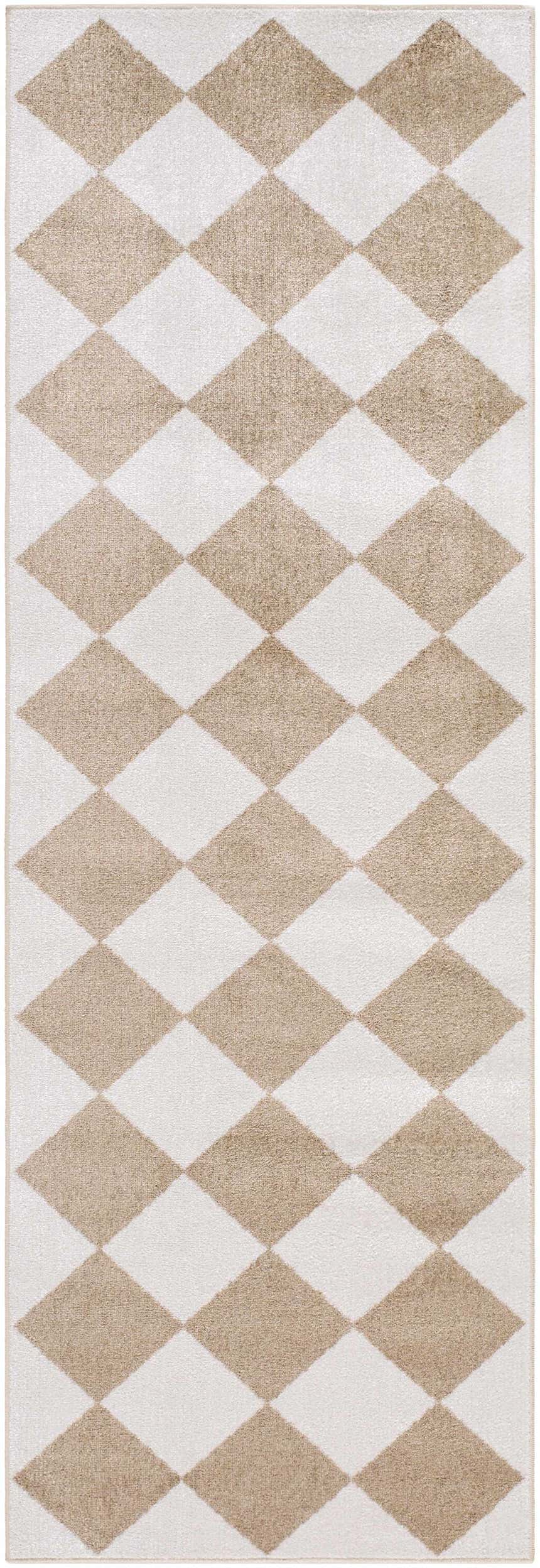 Close-up of the Ulric Brown Diamond Washable Area Rug, featuring a geometric diamond pattern in brown and off-white. Design-Runner-2773