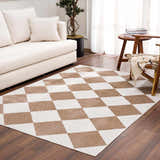 Living room scene with cream sofa and the Ulric Brown Diamond Washable Area Rug featuring a brown and cream geometric pattern. Roomscene-Rectangle