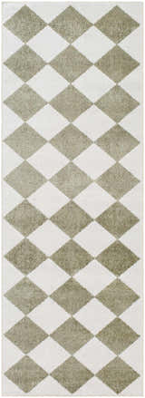 Close-up of the Ulric Green Diamond Washable Area Rug. Cream and green diamond pattern, soft texture. Design-Runner-2777