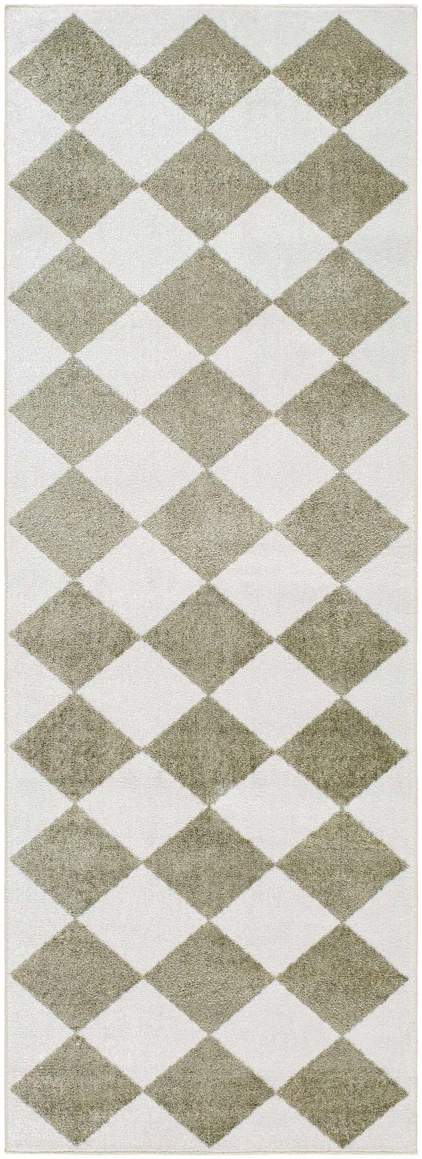 Close-up of the Ulric Green Diamond Washable Area Rug. Cream and green diamond pattern, soft texture. Design-Runner-2777
