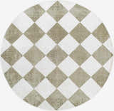 Close-up of a round Ulric Green Diamond Washable Area Rug. Cream and green diamond pattern. Contemporary style. Design-Round-67