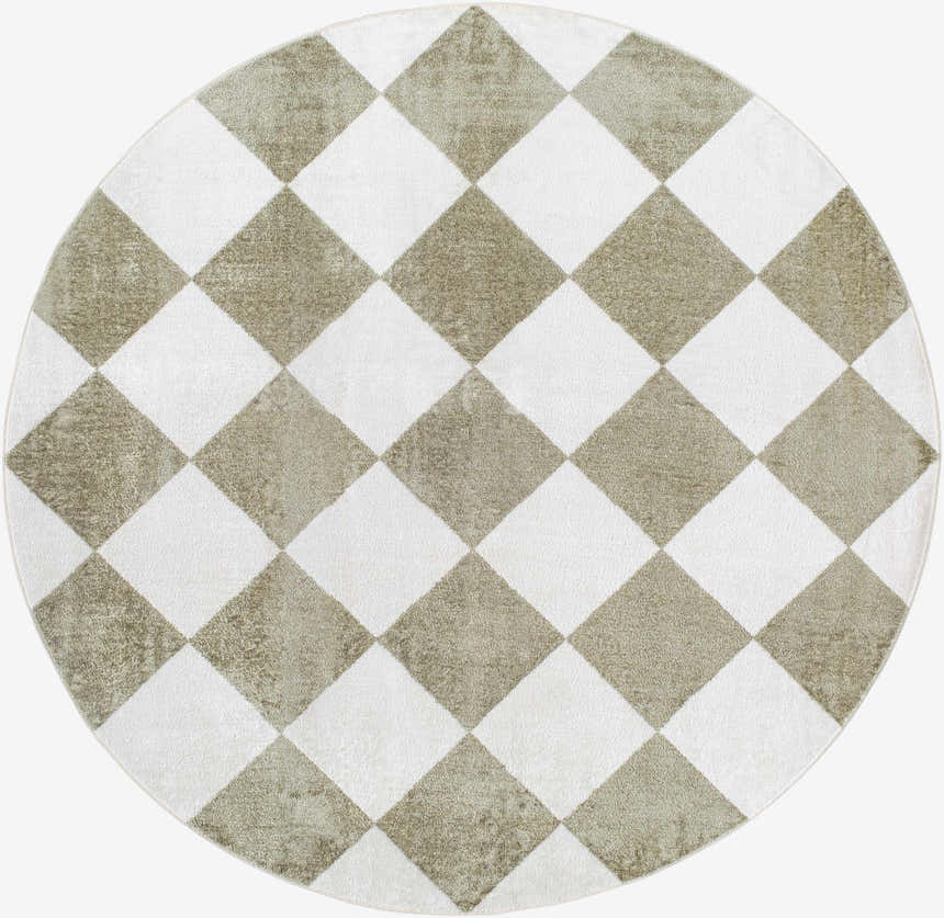 Close-up of a round Ulric Green Diamond Washable Area Rug. Cream and green diamond pattern. Contemporary style. Design-Round-67