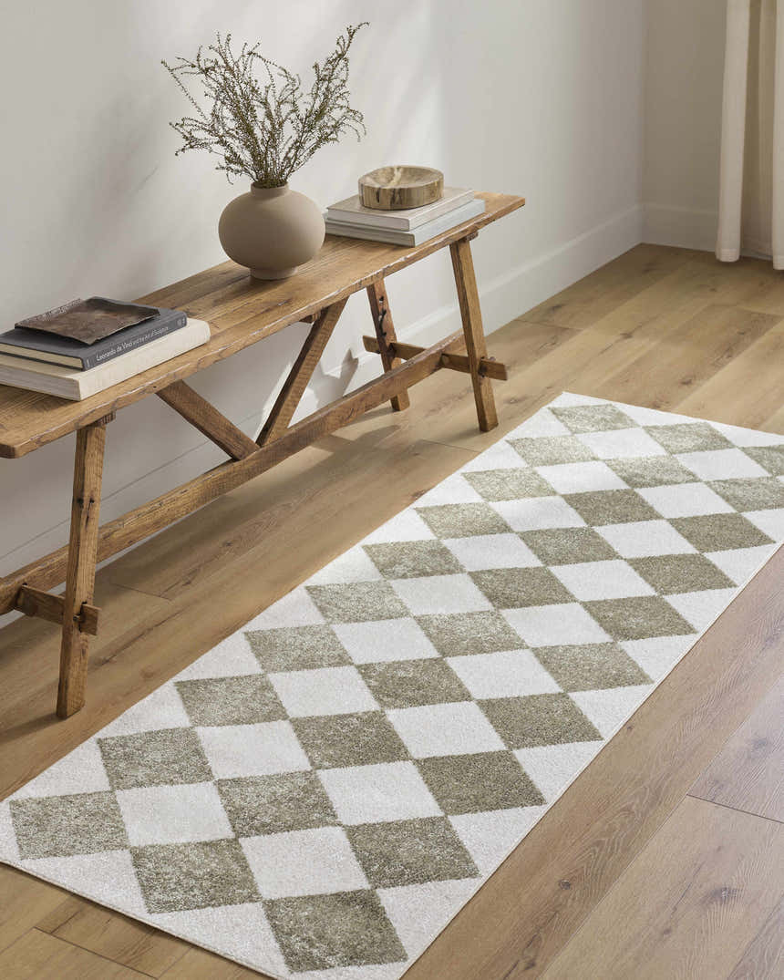 Entryway with wood bench and Ulric Green Diamond Washable Area Rug runner, cream and green diamond pattern. Roomscene-Runner