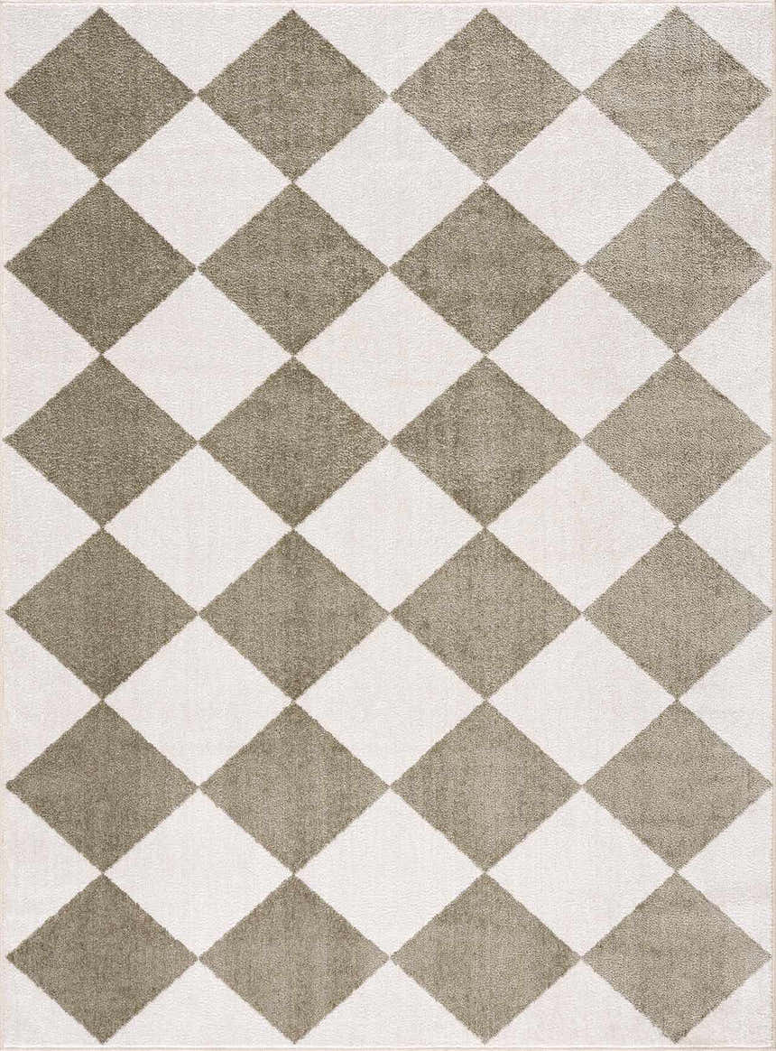Close-up of the Ulric Green Diamond Washable Area Rug, featuring a geometric diamond pattern in cream, off-white, and green. Design-Rectangle-537