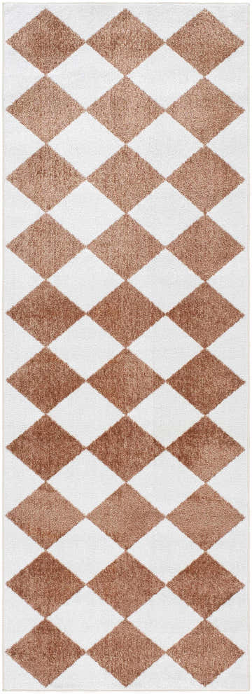 Close-up of the Ulric Chestnut Diamond Washable Area Rug. Features a chestnut and off-white diamond pattern. Design-Runner-2773