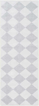 Close-up of the Ulric Light Gray Diamond Washable Area Rug, featuring a diamond pattern in cream, light gray, and off white. Design-Runner-2773