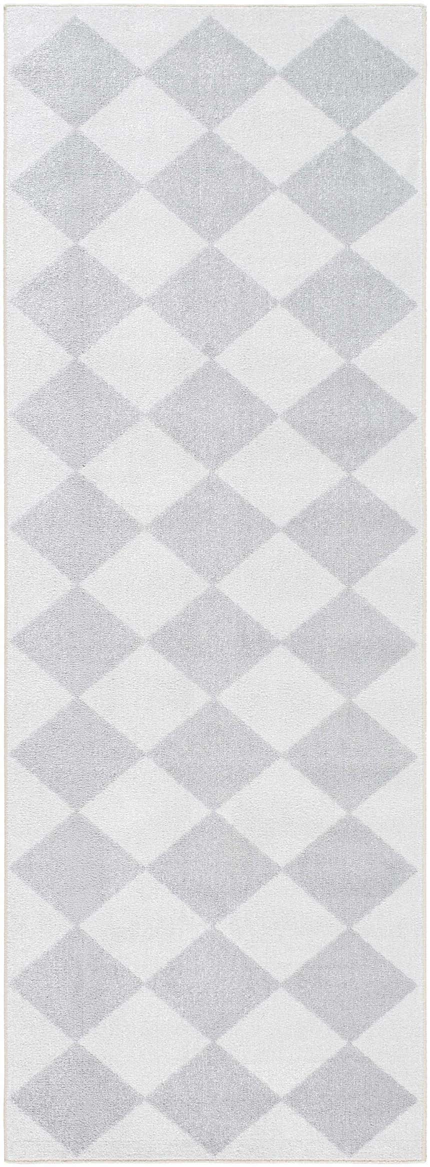 Close-up of the Ulric Light Gray Diamond Washable Area Rug, featuring a diamond pattern in cream, light gray, and off white. Design-Runner-2773