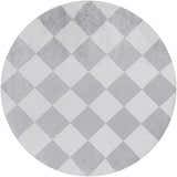 Close-up of a round Ulric Light Gray Diamond Washable Area Rug with a cream and light gray diamond pattern. Design-Round-67