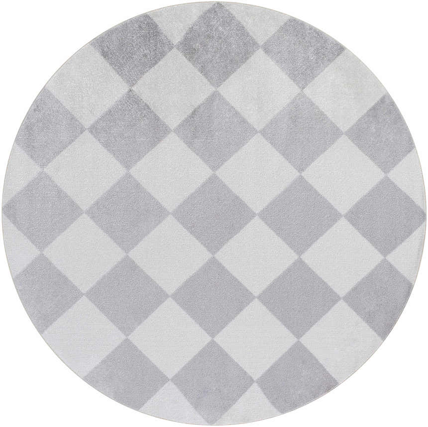 Close-up of a round Ulric Light Gray Diamond Washable Area Rug with a cream and light gray diamond pattern. Design-Round-67