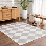 Living room scene with a light wood cabinet and the Ulric Light Gray Diamond Washable Area Rug on a wood floor. Roomscene-Rectangle