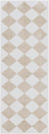 Close-up of the Ulric Light Brown Diamond Washable Area Rug. Cream and light brown diamond pattern. Contemporary style. Design-Runner-2773