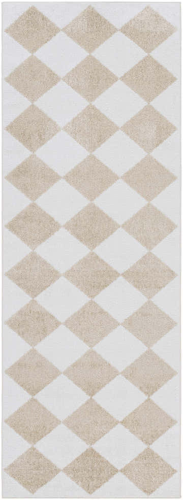 Close-up of the Ulric Light Brown Diamond Washable Area Rug. Cream and light brown diamond pattern. Contemporary style. Design-Runner-2773