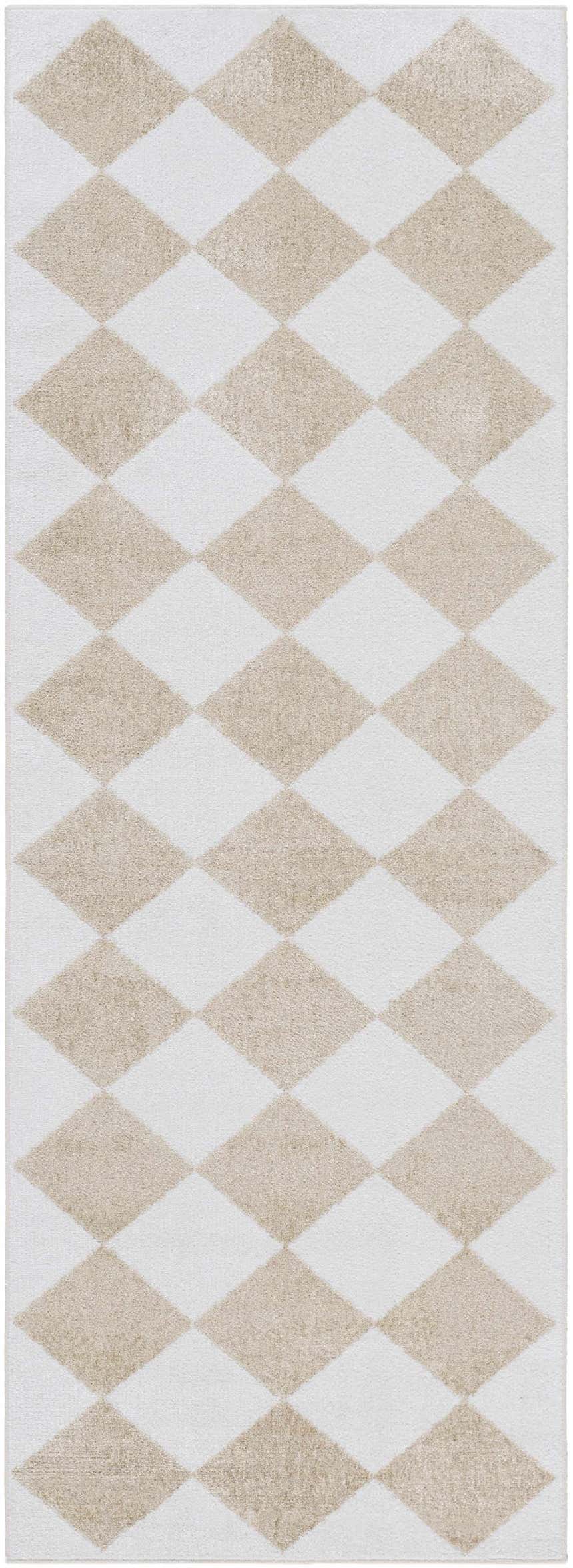 Close-up of the Ulric Light Brown Diamond Washable Area Rug. Cream and light brown diamond pattern. Contemporary style. Design-Runner-2773