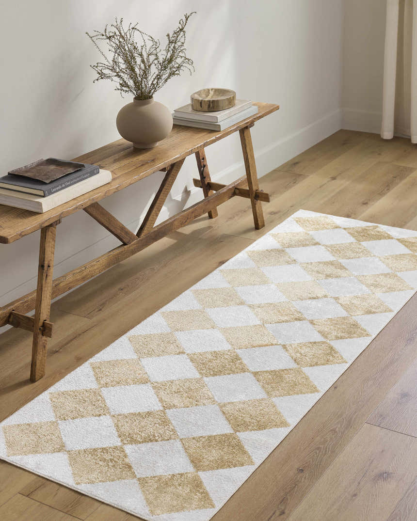 Entryway scene with a wood bench and the Ulric Light Brown Diamond Washable Area Rug runner on wood floors. Roomscene-Runner