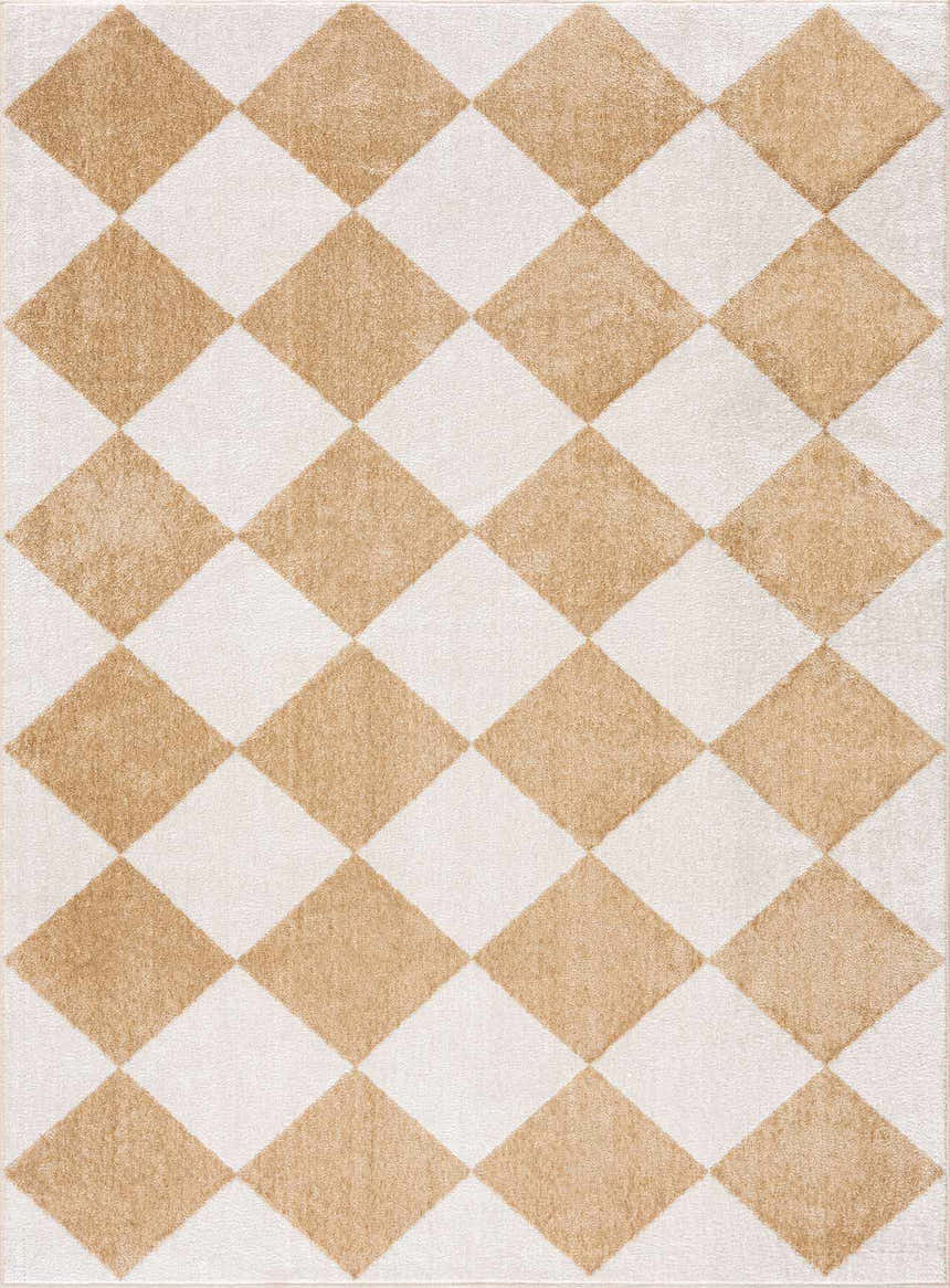 Close-up of the Ulric Light Brown Diamond Washable Area Rug, featuring a cream and light brown diamond pattern. Design-Rectangle-537