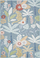 Detailed view of the Micha Area Rug showcasing a blue backdrop with floral and leopard patterns. Design-Rectangle-537
