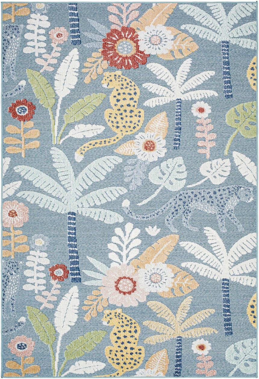 Detailed view of the Micha Area Rug showcasing a blue backdrop with floral and leopard patterns. Design-Rectangle-537