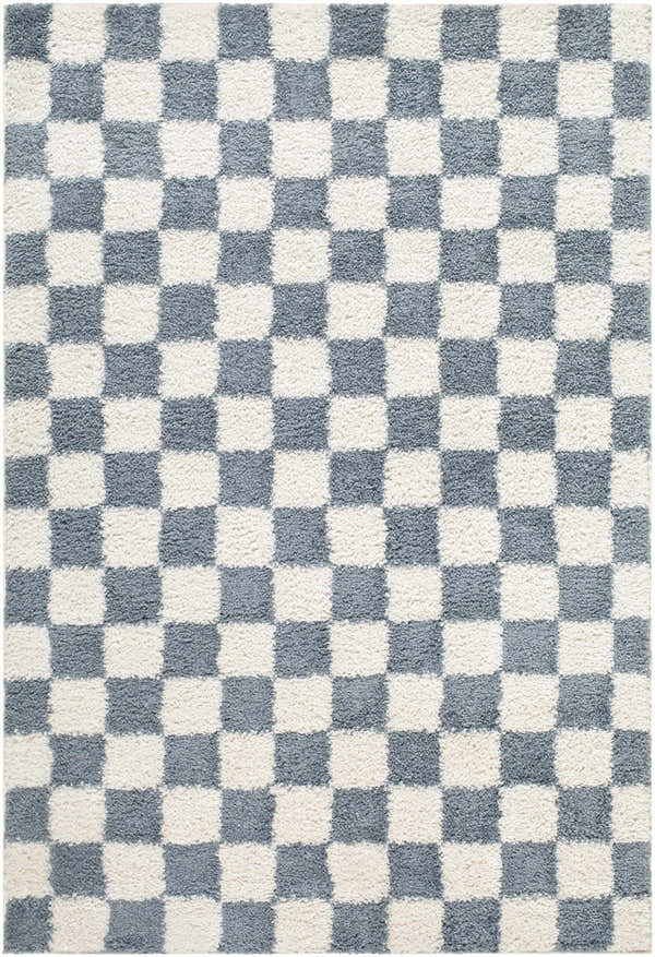 Close-up of the Monteagudo Area Rug, a contemporary rug with a gray and white checkerboard pattern and a soft, textured pile. Design-Rectangle-537