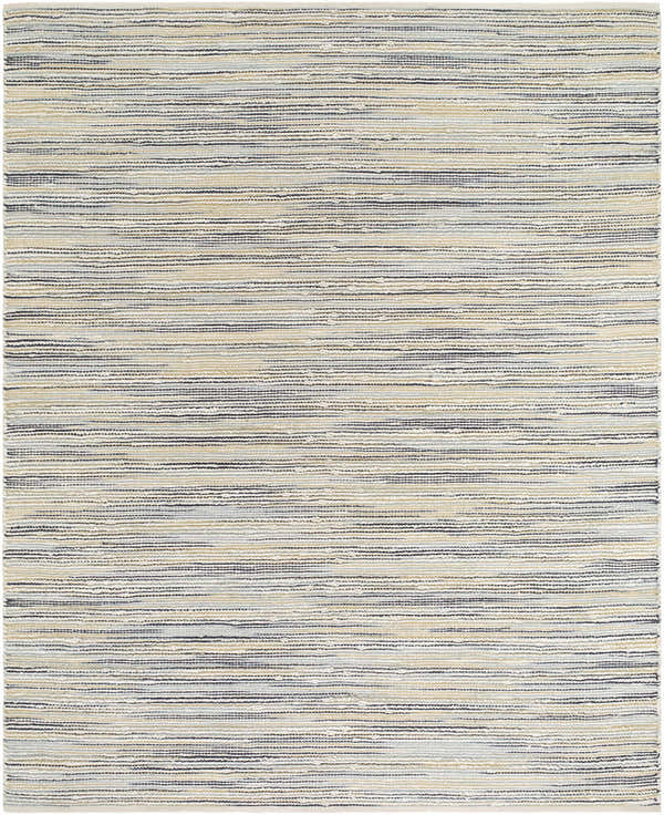 Close-up of the hand-woven Mountmellick Area Rug. Beige, black, blue, and tan jute rug with a subtle horizontal stripe pattern. Design-Rectangle-810