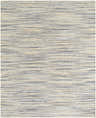 Close-up of the hand-woven Mountmellick Area Rug. Beige, black, blue, and tan jute rug with a subtle horizontal stripe pattern. Design-Rectangle-810