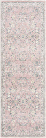 Close-up of Meyly Pink Washable Area Rug. Traditional floral pattern in light gray, silver gray, and taupe on a pink background. Design-Runner-268