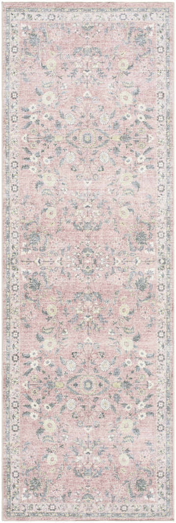 Close-up of Meyly Pink Washable Area Rug. Traditional floral pattern in light gray, silver gray, and taupe on a pink background. Design-Runner-268