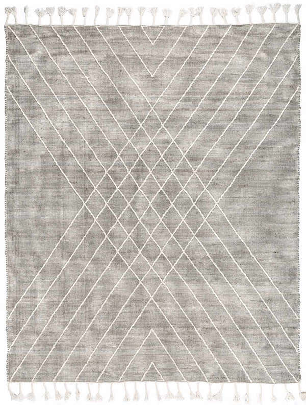Close-up of Marbletown Jute & Wool rug. Cream geometric pattern on sage background. Tassels on top and bottom. Design-Rectangle