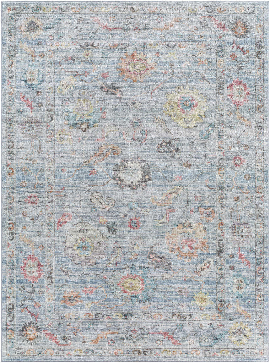 Close-up of the Maura Washable Area Rug. Traditional floral pattern in aqua, burnt orange, gray, and slate blue. Design-Rectangle-710106
