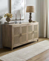 Living room scene with a beige Cascade Machine Woven PNW Home x LIVABLISS rug under a wooden cabinet. Roomscene-Runner