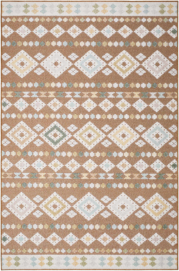 Detailed texture of the Metta Rust Area Rug with a geometric diamond pattern in rust, cream, and pale blue. Design-Rectangle-537