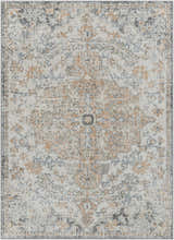 Close-up of the Amaris Area Rug. Traditional, machine-woven design in cream, charcoal, and dusty coral tones. Jute and polypropylene texture. Design-Rectangle