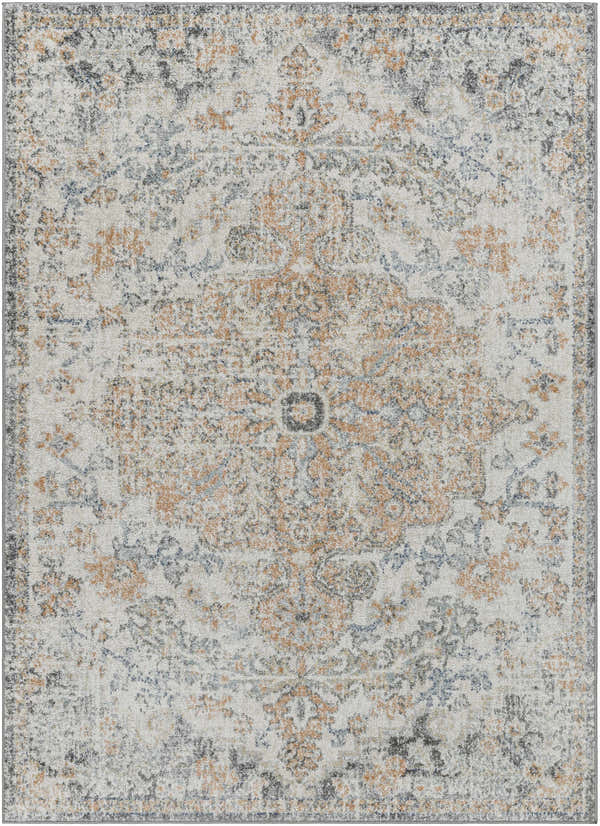 Close-up of the Amaris Area Rug. Traditional, machine-woven design in cream, charcoal, and dusty coral tones. Jute and polypropylene texture. Design-Rectangle