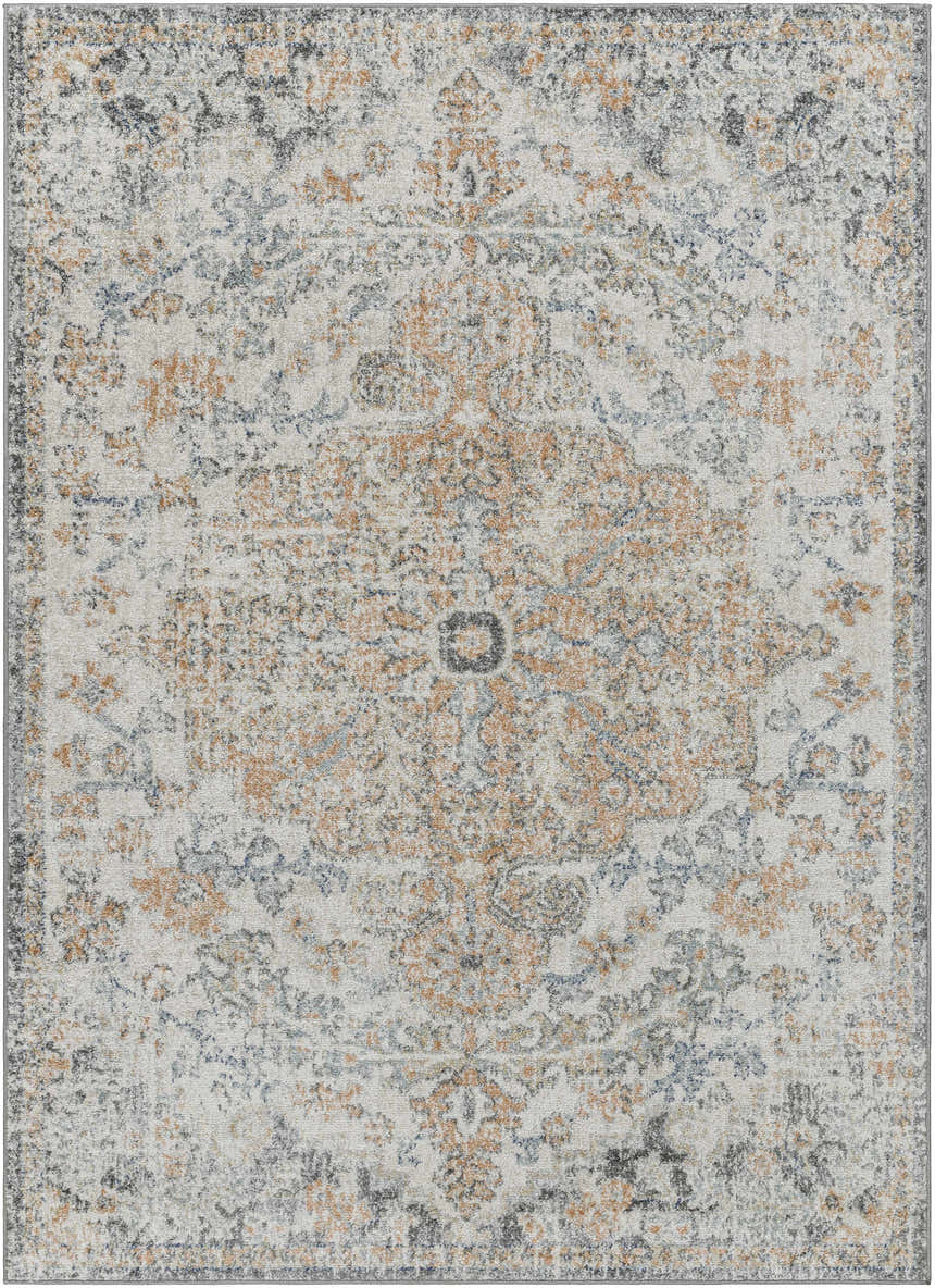 Close-up of the Amaris Area Rug. Traditional, machine-woven design in cream, charcoal, and dusty coral tones. Jute and polypropylene texture. Design-Rectangle