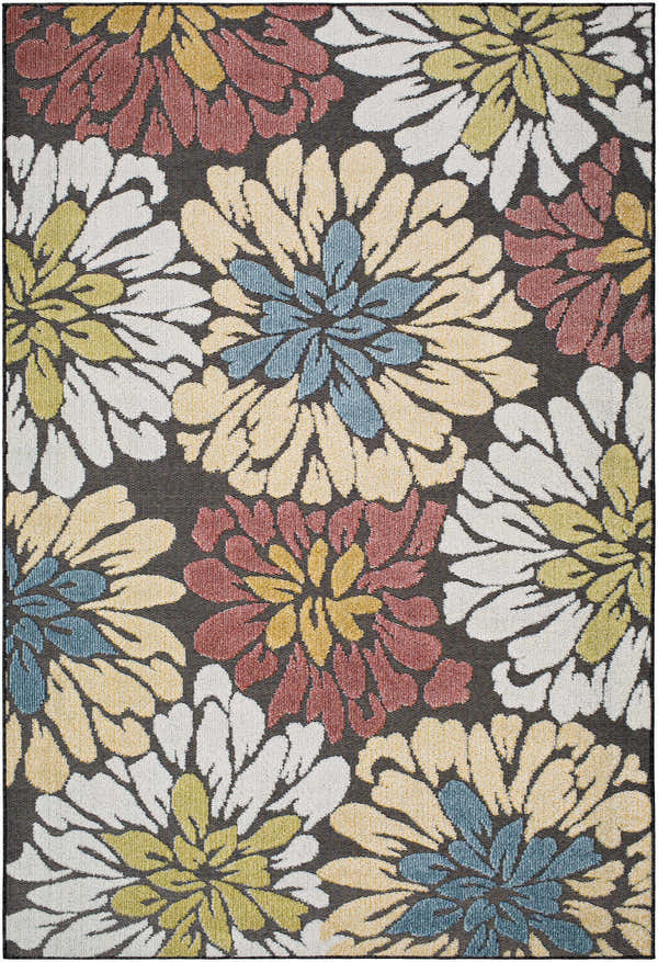 Close-up of the Minga Charcoal Area Rug. Floral pattern in charcoal, cream, navy, olive, rust, and tan. Machine woven polypropylene. Design-Rectangle-537