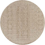 Close-up of a round Epson Dark Beige Indoor & Outdoor Area Rug. Features a geometric pattern in cream and light brown. Design-Round-67