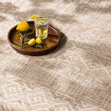 Close-up of the Epson Dark Beige Indoor & Outdoor Area Rug showing its geometric pattern and texture with a drink and lemons. Styleshot
