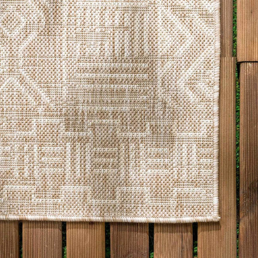 Close-up of the Epson Dark Beige Indoor & Outdoor Area Rug, showing its woven texture and geometric pattern. Swatch