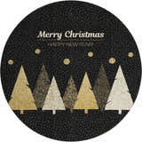 Close-up of round Dalyn Luxury Merry & Bright rug. Black with gold trees, dots, and holiday greetings.