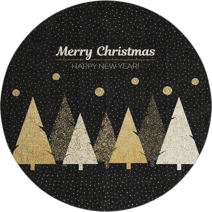 Close-up of round Dalyn Luxury Merry & Bright rug. Black with gold trees, dots, and holiday greetings.