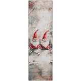 Dalyn Luxury Merry & Bright runner rug with two gnomes, red hats, and an ivory, blush pink, and gray holiday design.