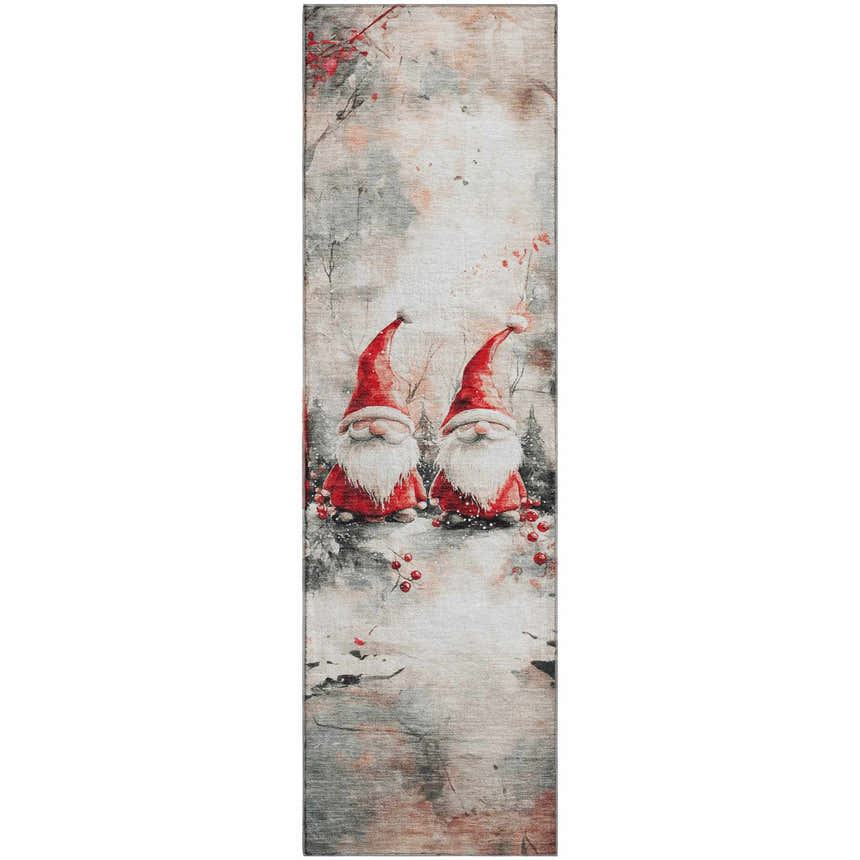 Dalyn Luxury Merry & Bright runner rug with two gnomes, red hats, and an ivory, blush pink, and gray holiday design.