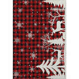 Dalyn Luxury Merry & Bright MY26 red washable rug with black buffalo plaid, snowflakes, and a white winter forest scene.