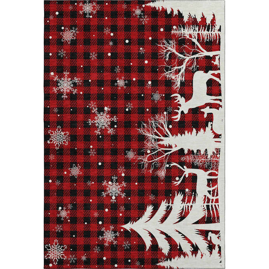 Dalyn Luxury Merry & Bright MY26 red washable rug with black buffalo plaid, snowflakes, and a white winter forest scene.