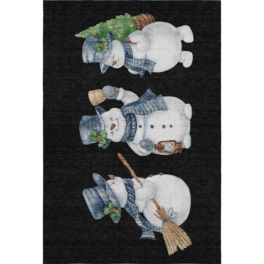 Dalyn Luxury Merry & Bright rug with a black background and a snowman pattern in shades of blue, white, and brown.