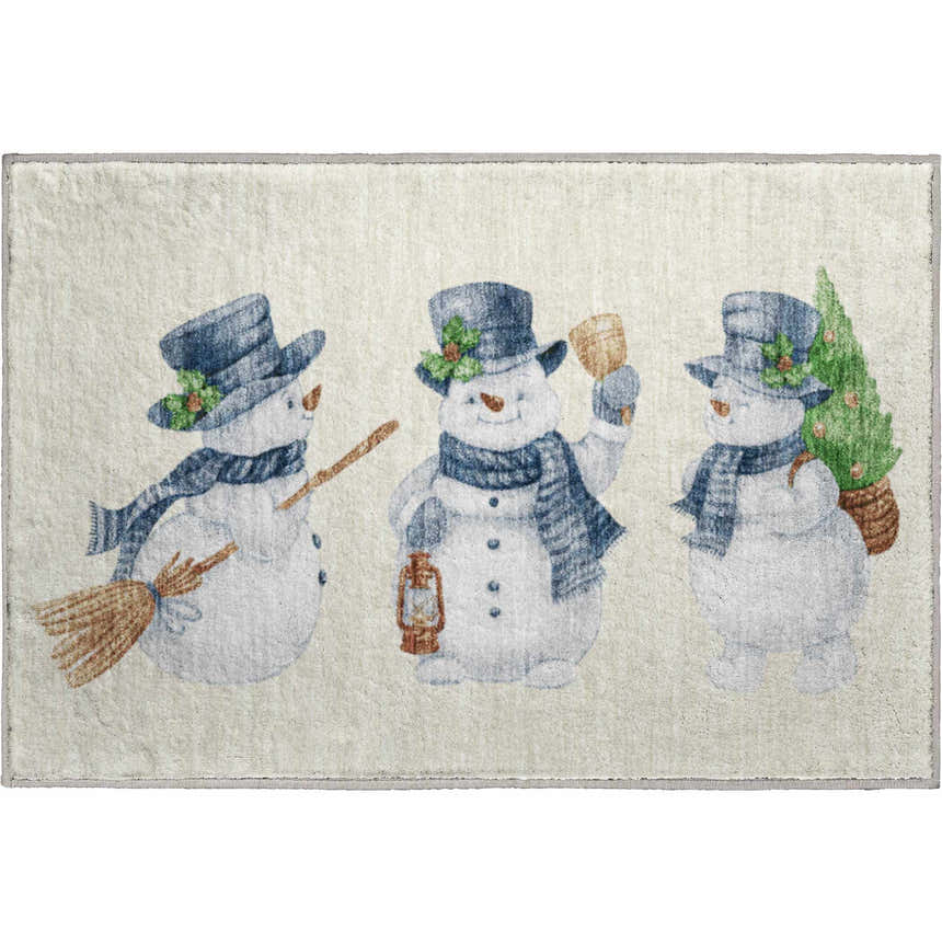 Dalyn Luxury Merry & Bright MY28 Ivory rug with three snowmen wearing hats and scarves on a soft beige background.