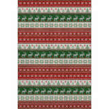 Dalyn Luxury Merry & Bright rug close-up. Red, green, and white holiday pattern with reindeer, trees, and snowflakes.