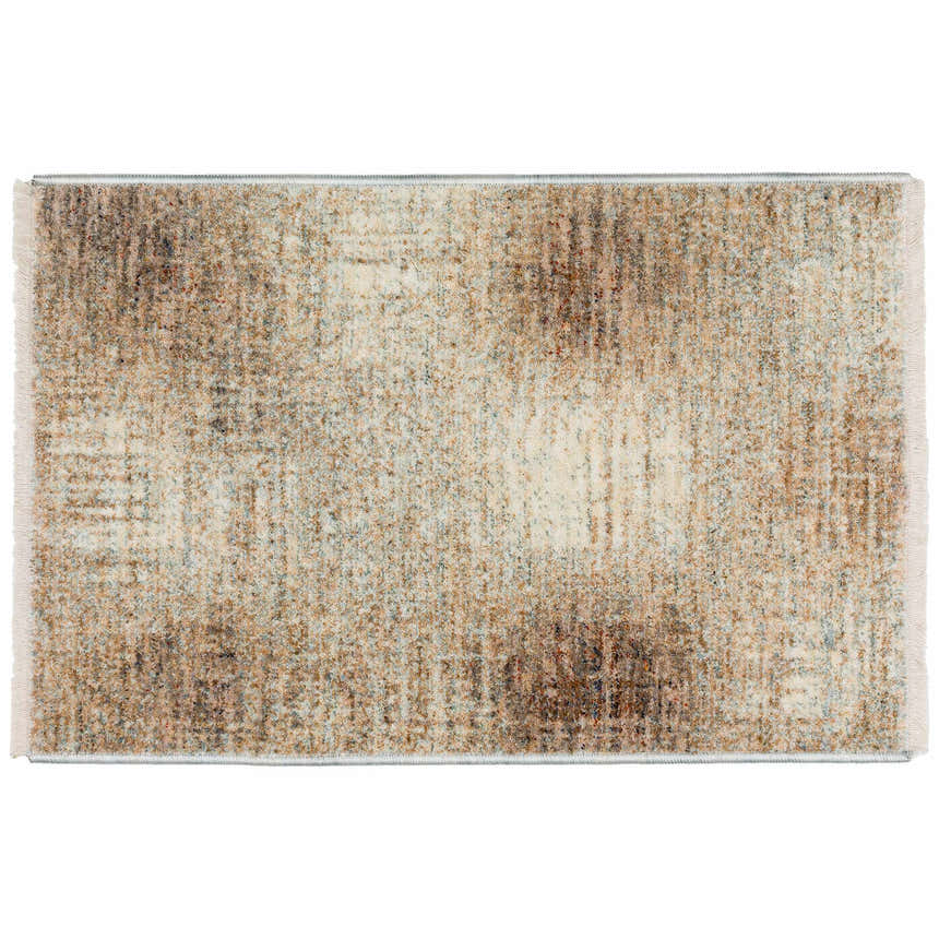 Close-up of the Dalyn Neola NA5 Beige Area Rug. Features a distressed pattern with beige, brown, and ivory tones.