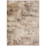Close-up of the Dalyn Neola NA8 Taupe Area Rug. Beige, brown, and taupe distressed abstract pattern. Farmhouse style.